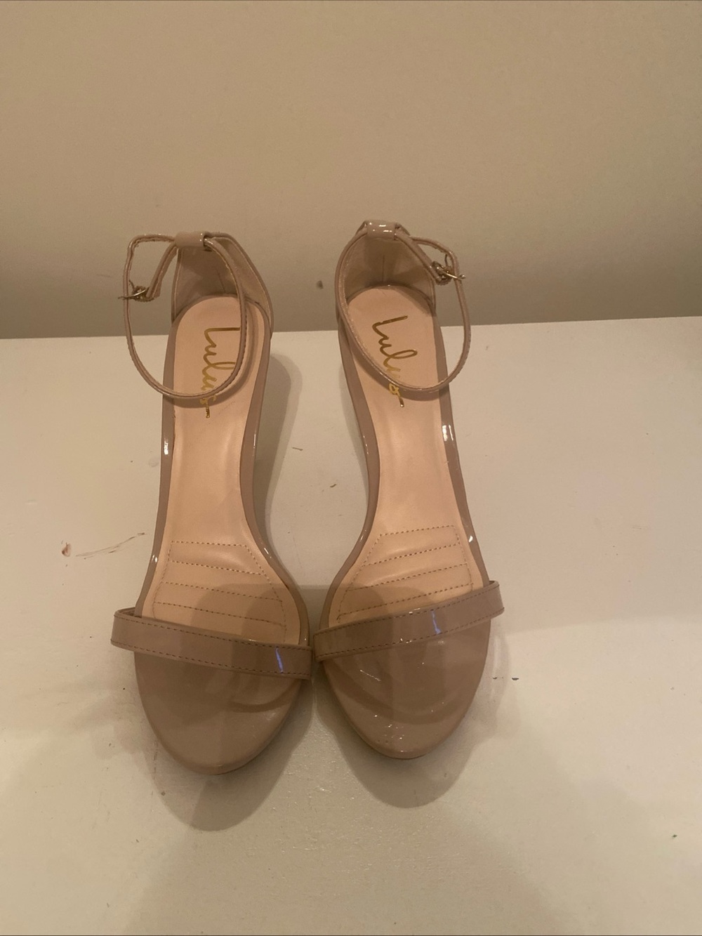 Lulu's Nude Patent Ankle-Strap Heels